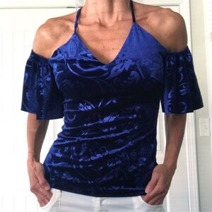 Alexa Admor Blue Velvet Cold Shoulder Halter Top Damask Floral Royal XS